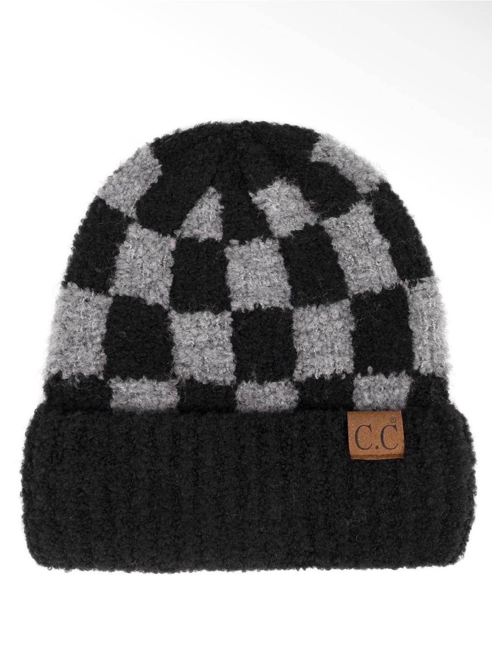 C.C Black & Gray Checkered Knit Beanie Check Boucle Oh So Soft Beanie One Size